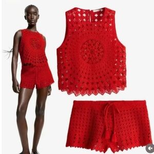 NWOT H&M Red Crochet Style Bright red tank/shorts size XS/S RARE festival boho